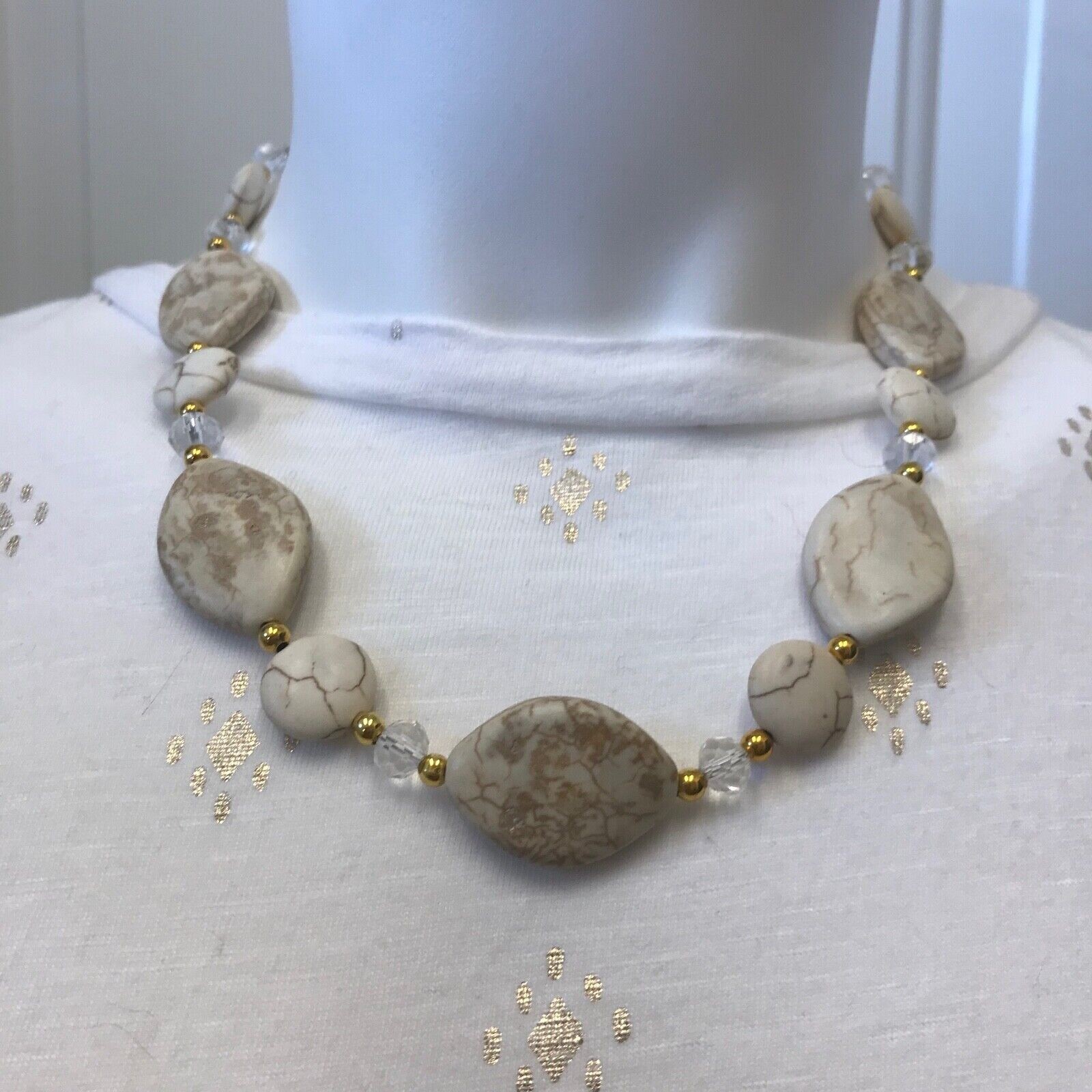White Turquoise Magnesite Stone Handmade Short Necklace Gold Tone Metal Beads