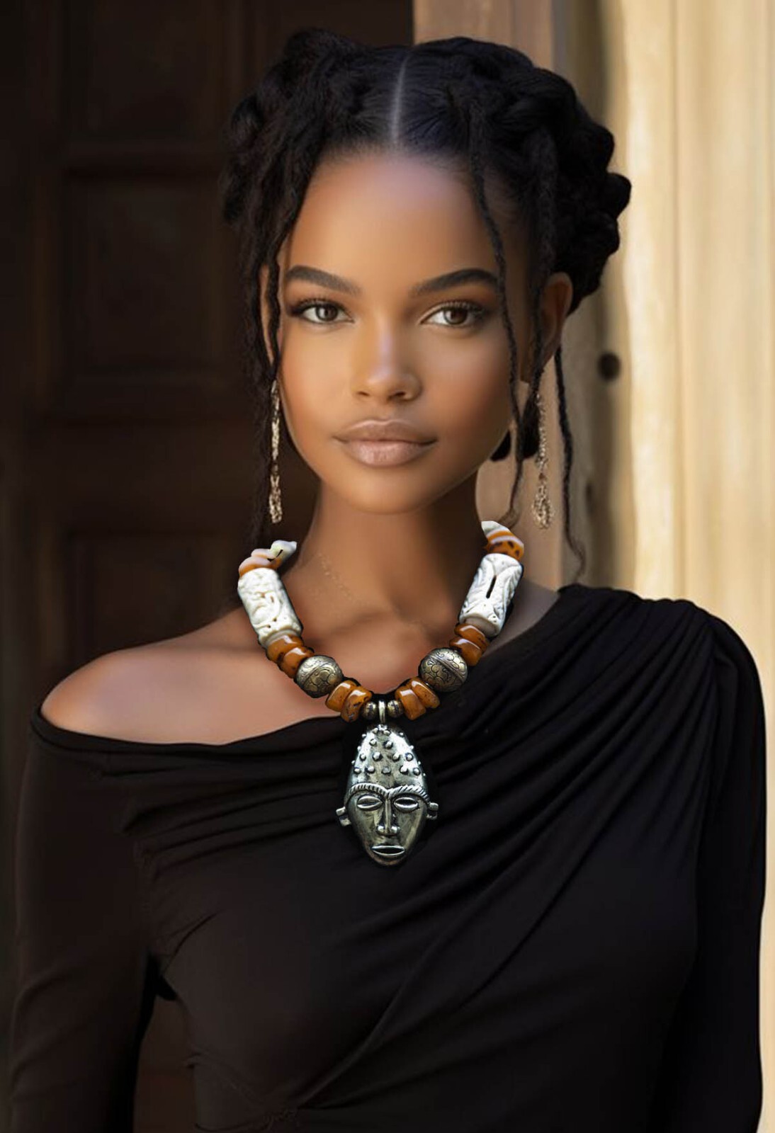 African Mask Brass Moroccan Amber Tribal Ethnic Statement Necklace – “Adea”