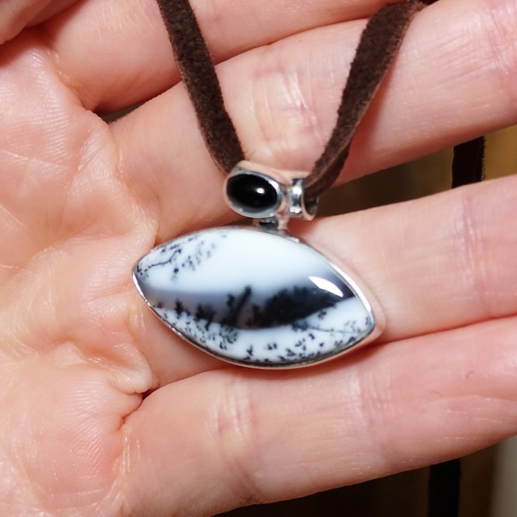 Beautiful Dendritic Opal Black Onyx Winter scenery Sterling Silver Pendant