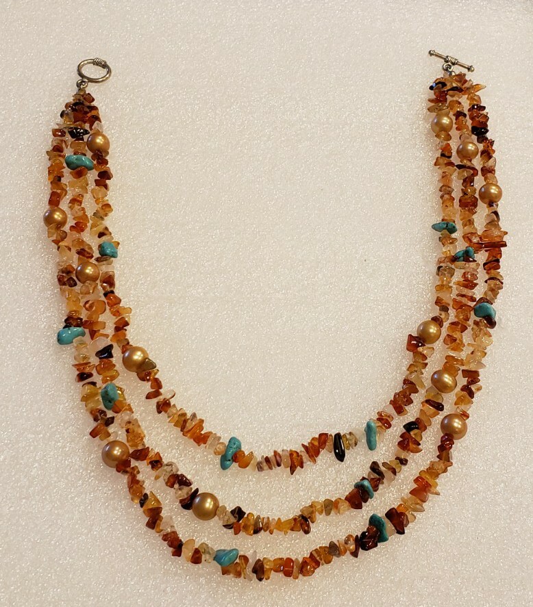 17″ TRIPLE STRAND GENUINE STONE/TURQUOISE/FRESHWATER PEARLS TOGGLE NECKLACE