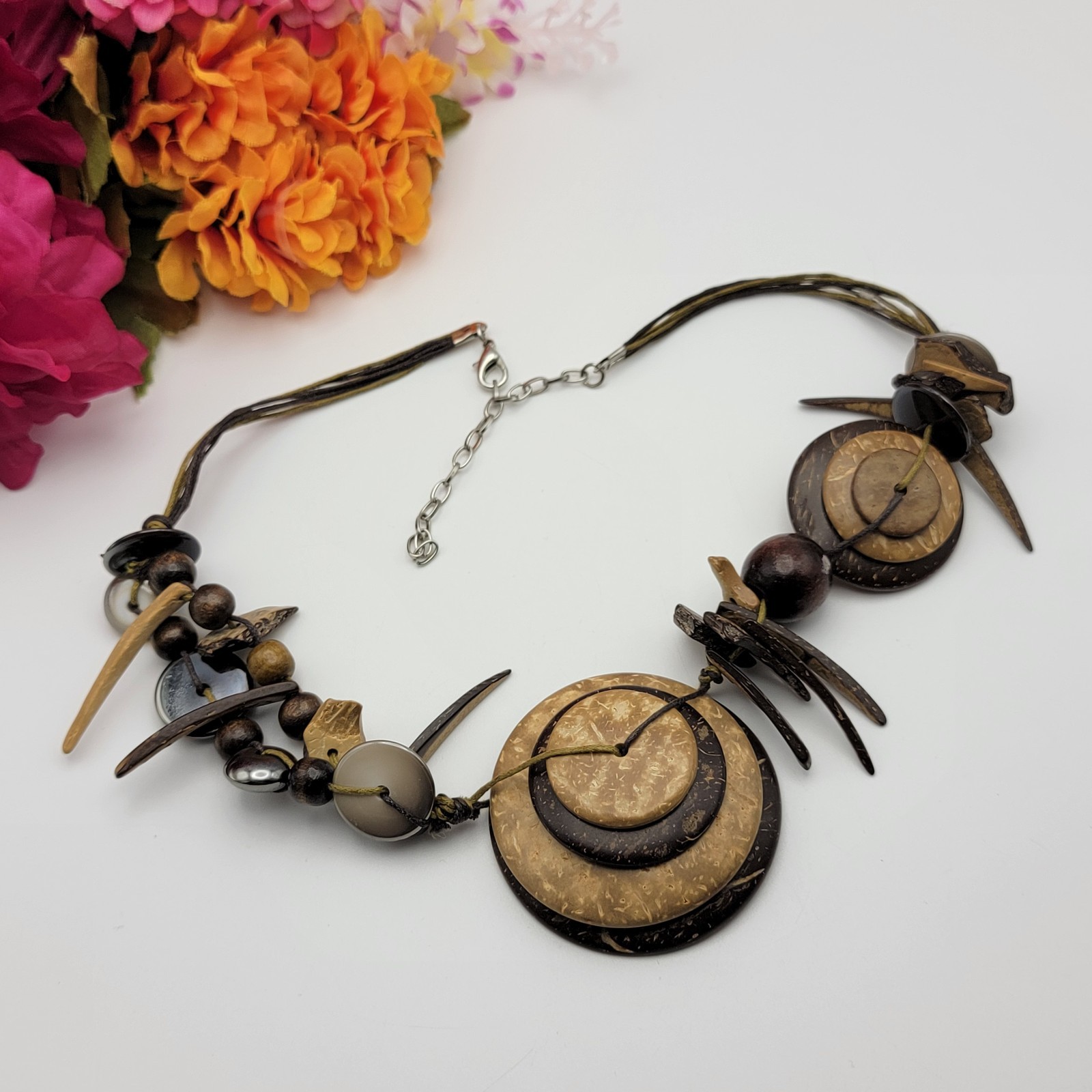 Artisan Coconut Shell Statement Cord Necklace 22″ Brown Adjustable