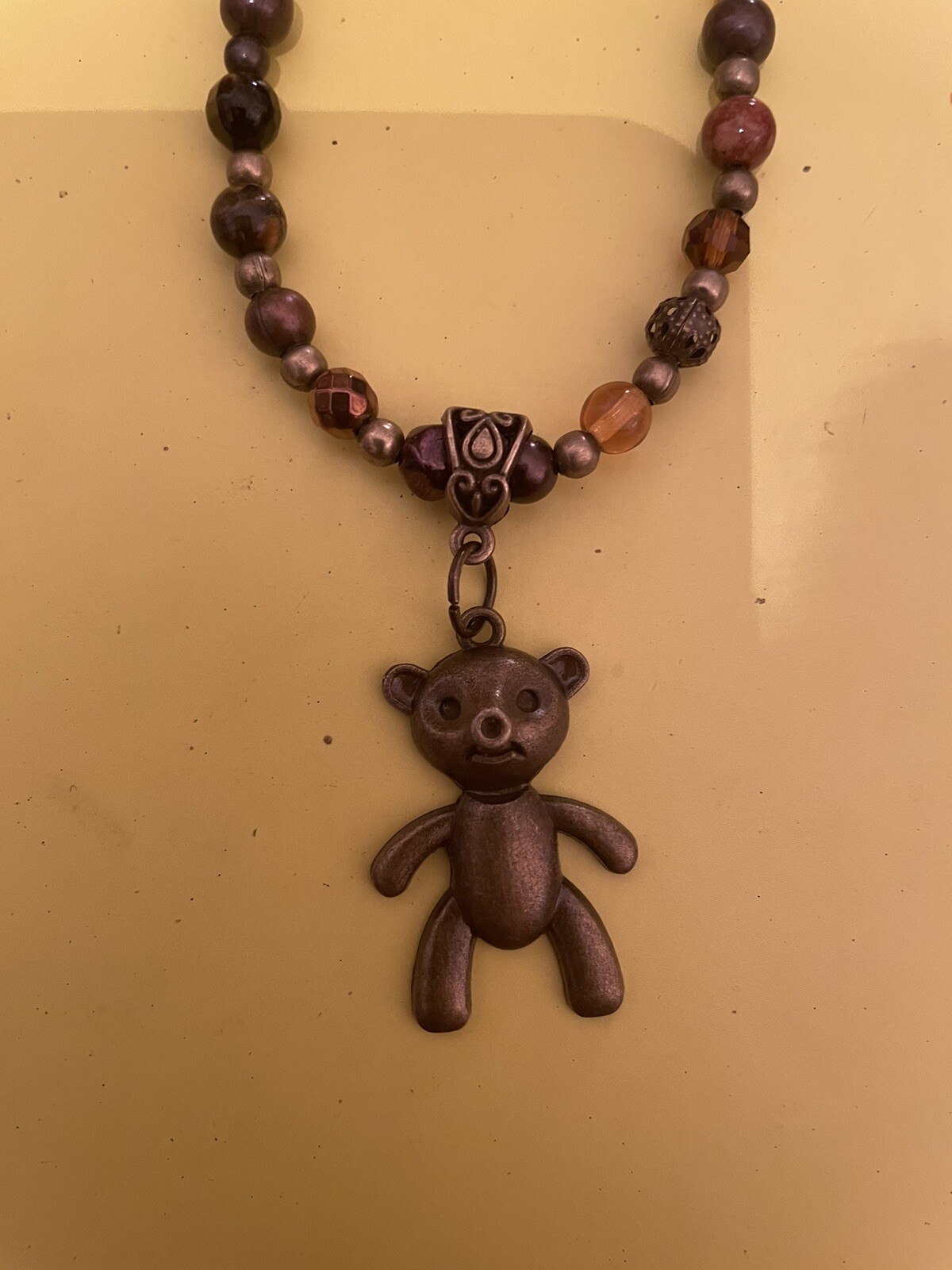 Retro Vintage Bronze Teddy Bear Pendant Jasper Hematite Crystal Necklace