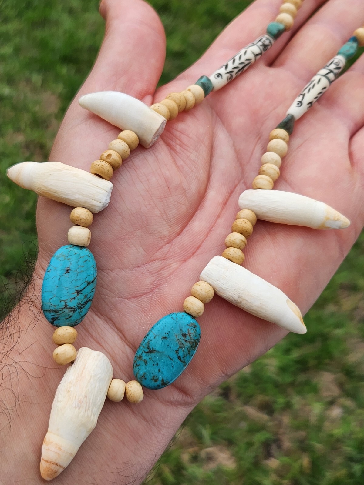 Shaman style choker necklace Alligator tooth teeth bones beads genuine turquoise
