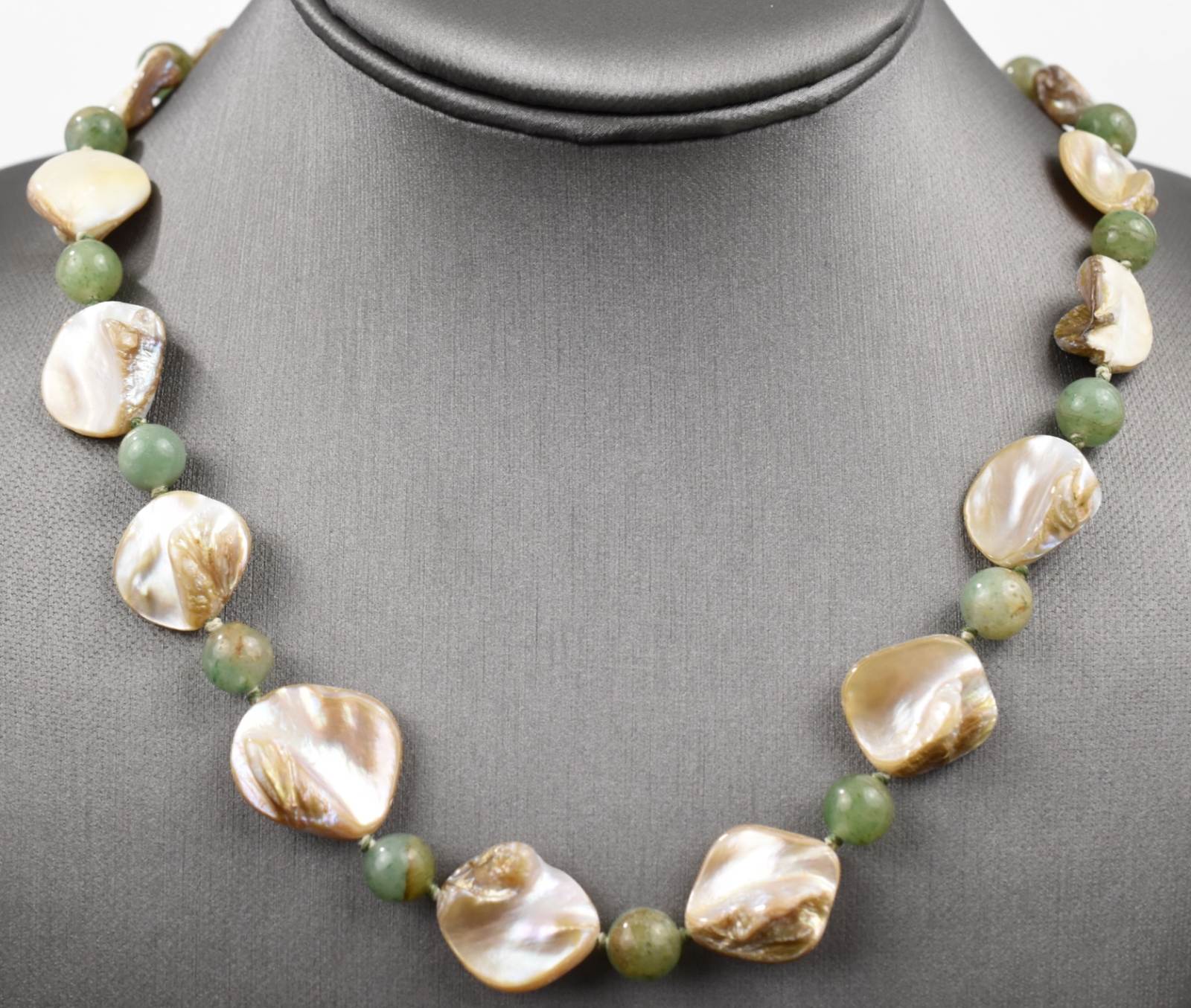 Gold Plated Dark Olive Serpentine & Blister Pearl Necklace, 28″ Beaded Elegance