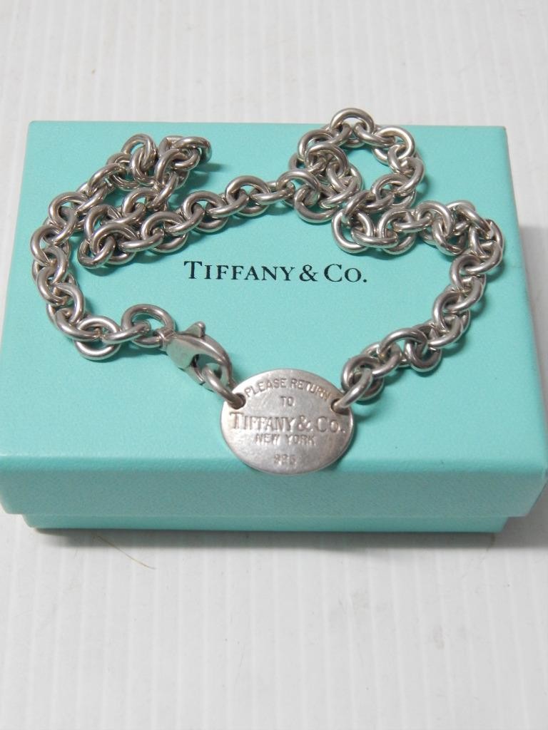 FINE TIFFANY STERLING SILVER OVAL TAB LINK BRACELET / NECKLACE 15 1/2 ” + BOX