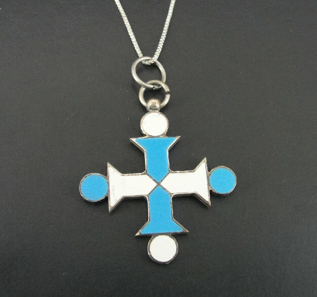 Necklace Vintage White and Blue Enamel Cross Sterling Silver Pendant NECKLACE