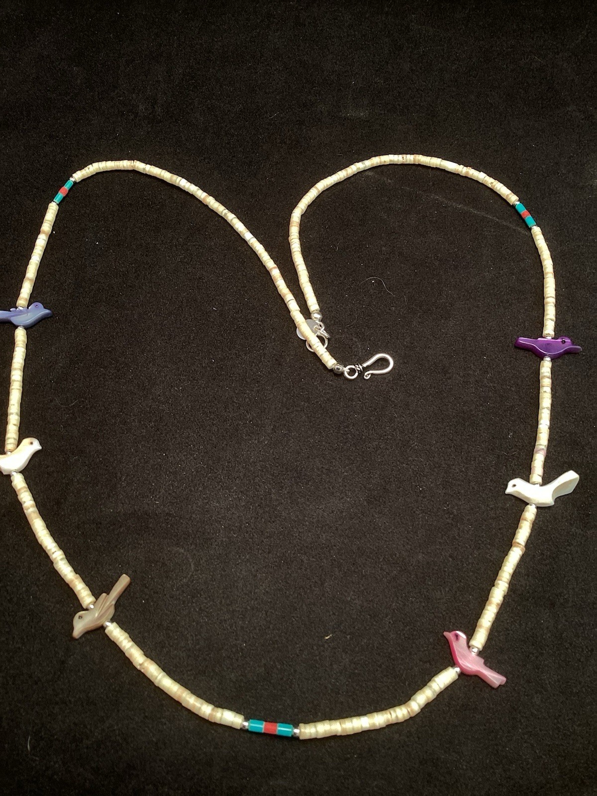 Handmade Fetish Mother Of Pearl Birds Heishi Beaded Southwestern Necklace 24”