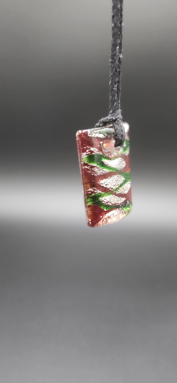Dichroic Glass Cabochon On Leather Necklace. Silver Tone/ Red/ Green.