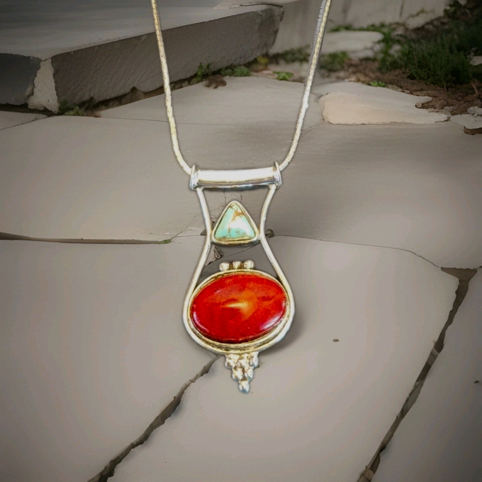 Sterling Silver Turquoise/Red Coral Necklace Pendant, Native American Theme, Ex