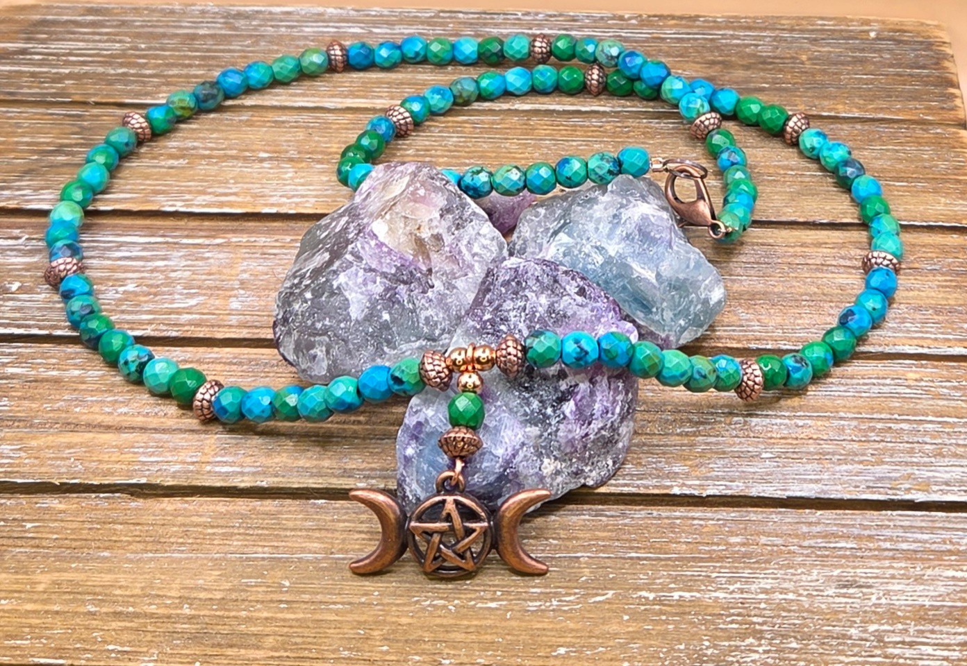 Faceted Azurite and Copper Beaded Necklace with Triple Moon Pendant