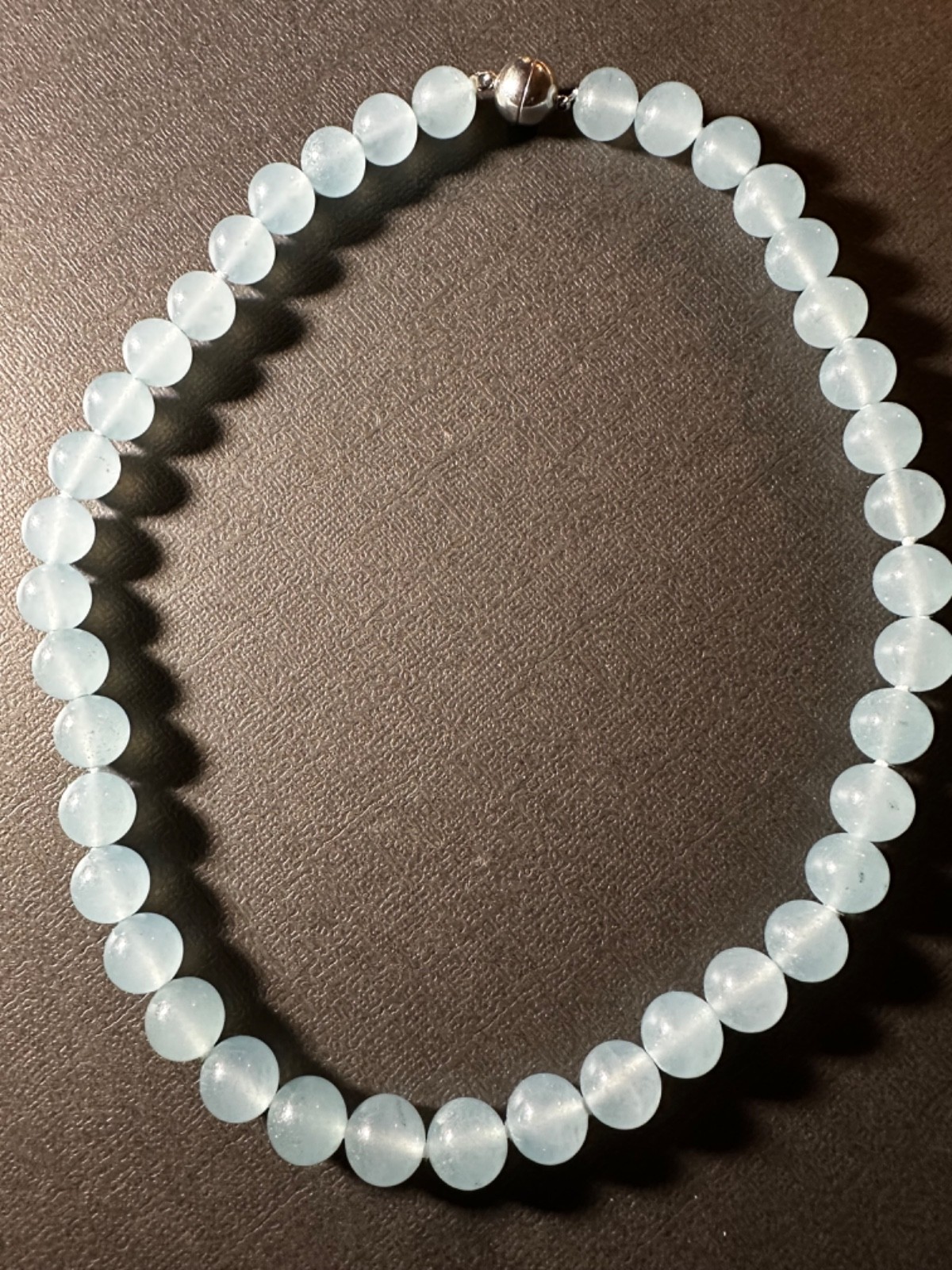 16″ Frosted Light Blue Glass Bead Necklace – Sea Glass Style – Magnetic Clasp