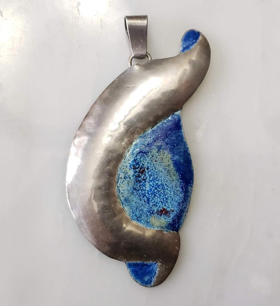 Artisan Sterling Silver Hand Painted Enamel Pendant ~ 2.8″ ~ 13.6g ~ 2-H1096
