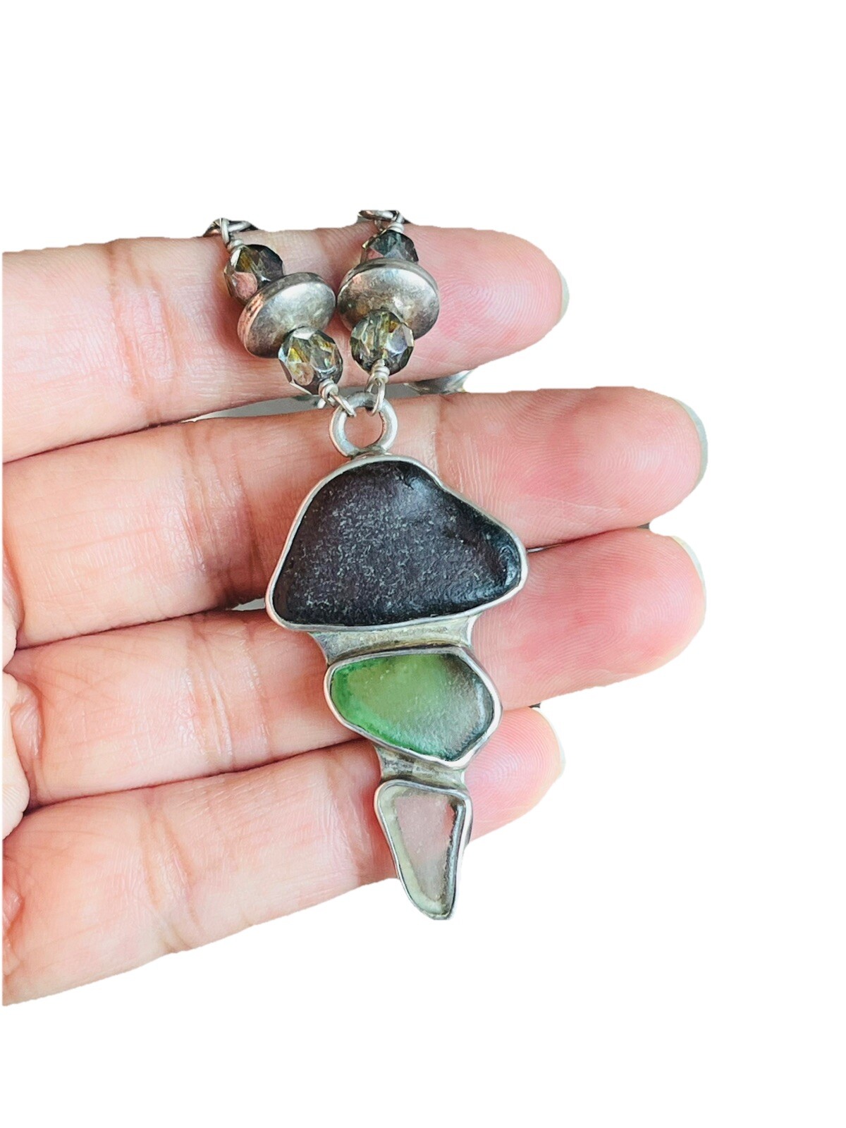 Vintage Charles Albert Sterling Silver Sea Glass Pendant Bead Necklace 29-Grams