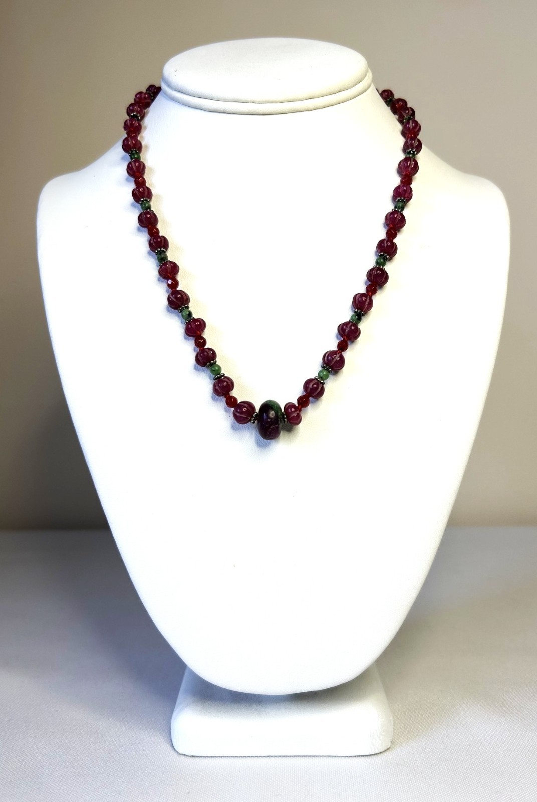 Carved and Faceted Ruby, Ruby in Zoisite, Sterling knotted Necklace, 18″-20″Adj.