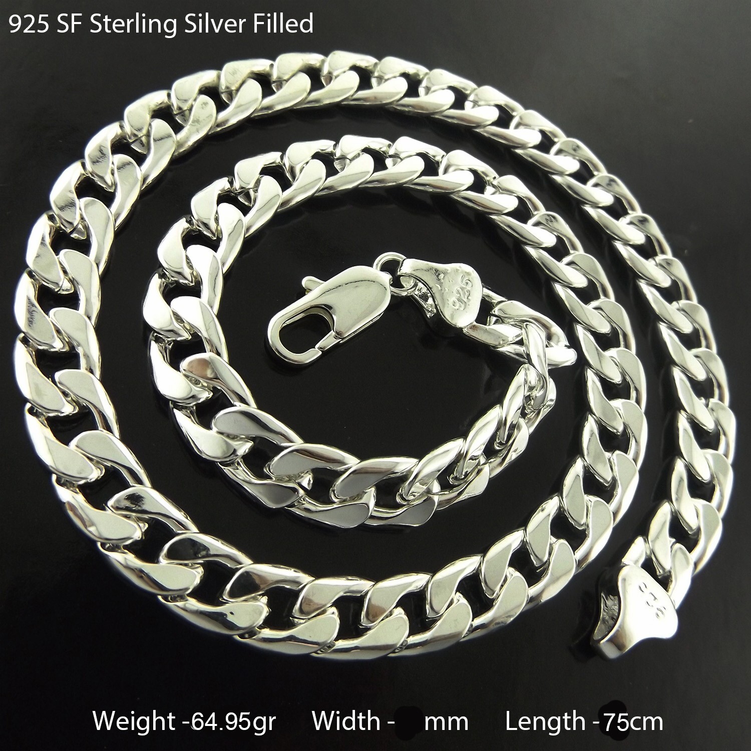Necklace Real 925 Sterling Silver Filled Solid Men’s Cuban Link Chain 75cm