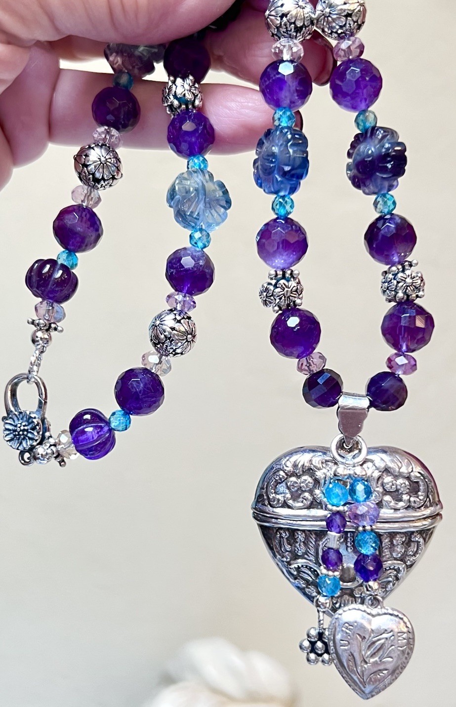 GORGEOUS Sterling Silver Amethyst, Fluorite, Topaz ORNATE Heart Locket Necklace