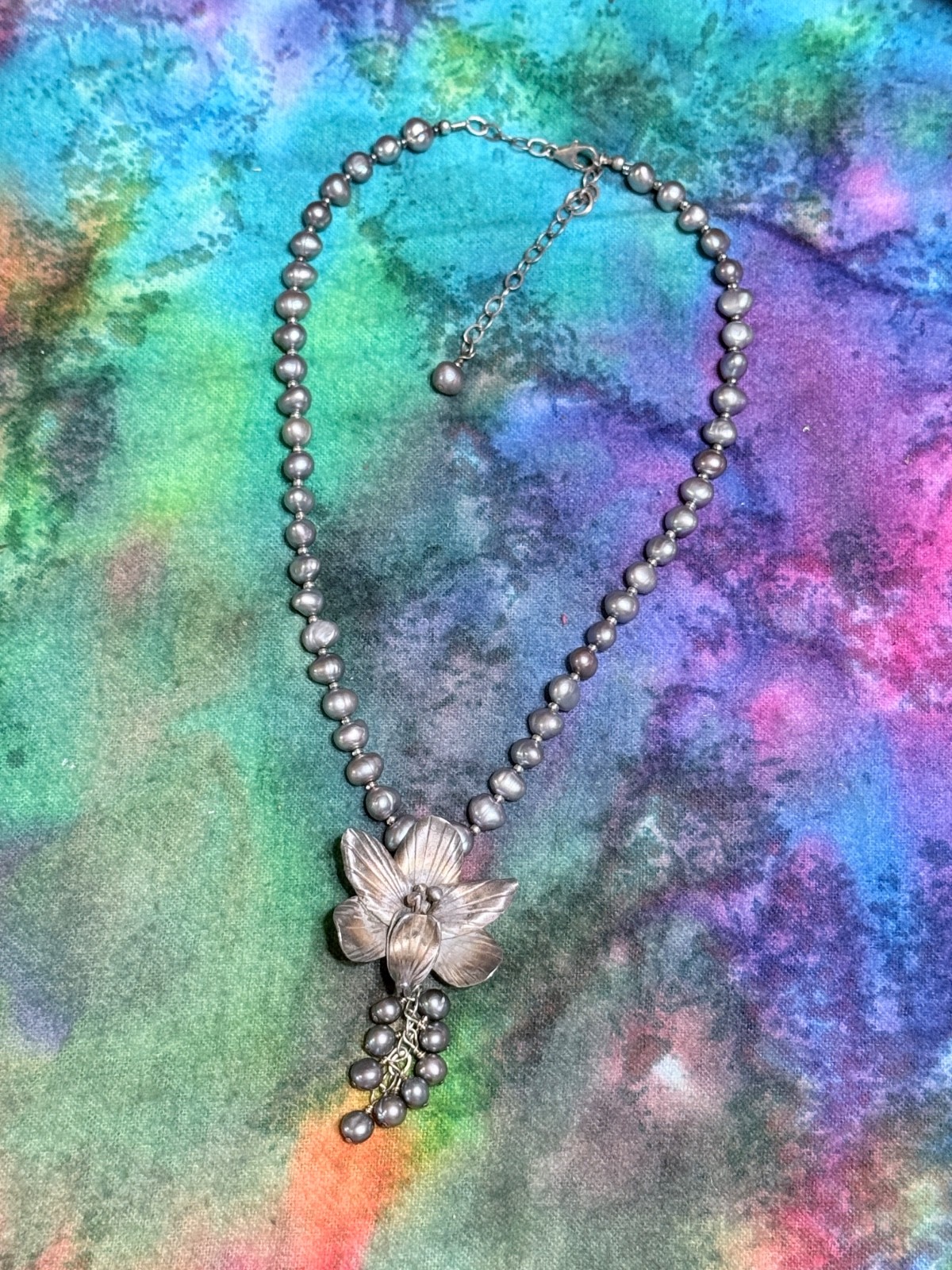 Freshwater Pearl Necklace w/ Mother of Pearl Cattleya Orchid Pendant Silver