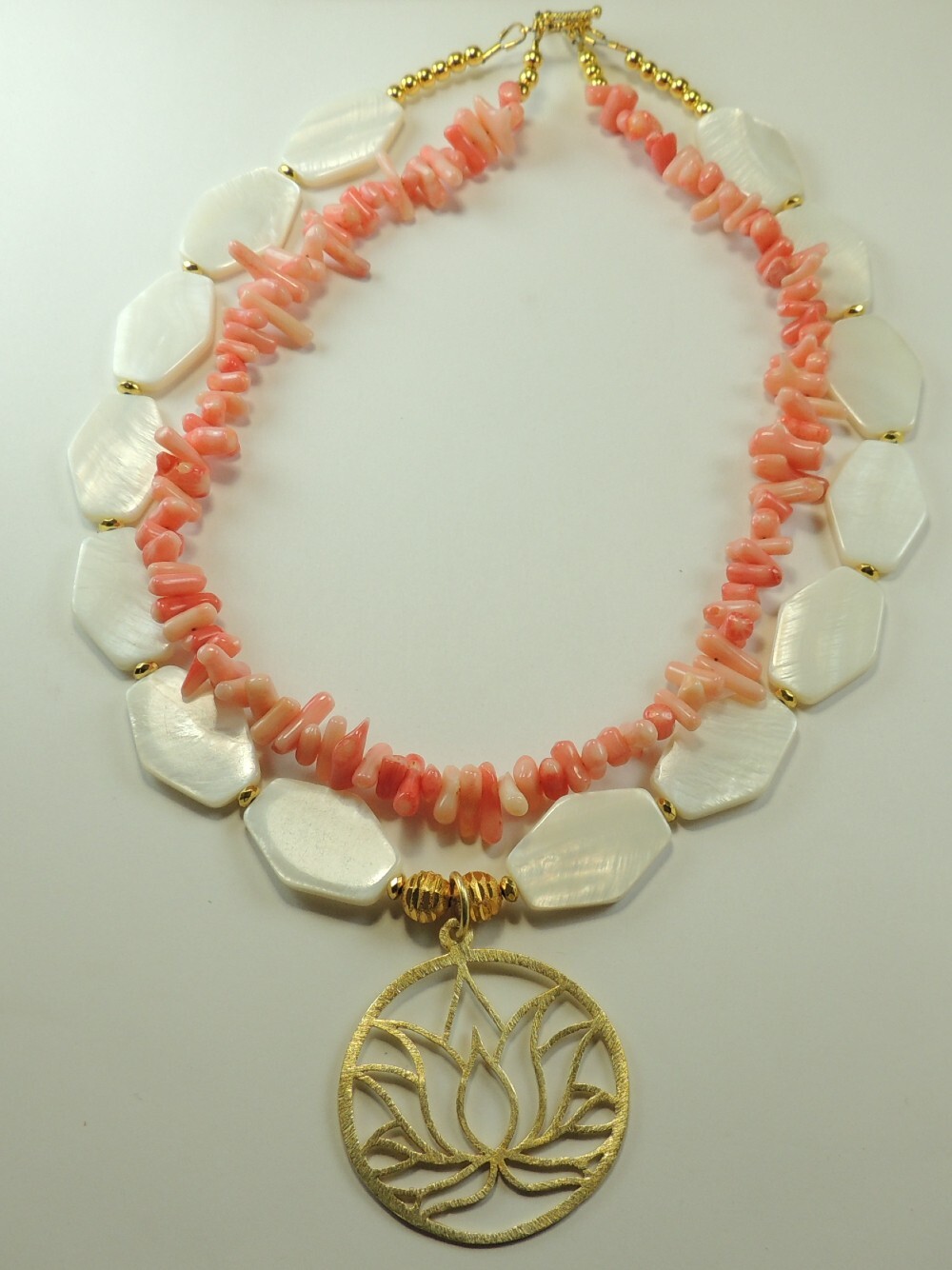 Coral & Mother of Pearl 2 Strand Necklace with Lotus Pendant Handmade Jewelry