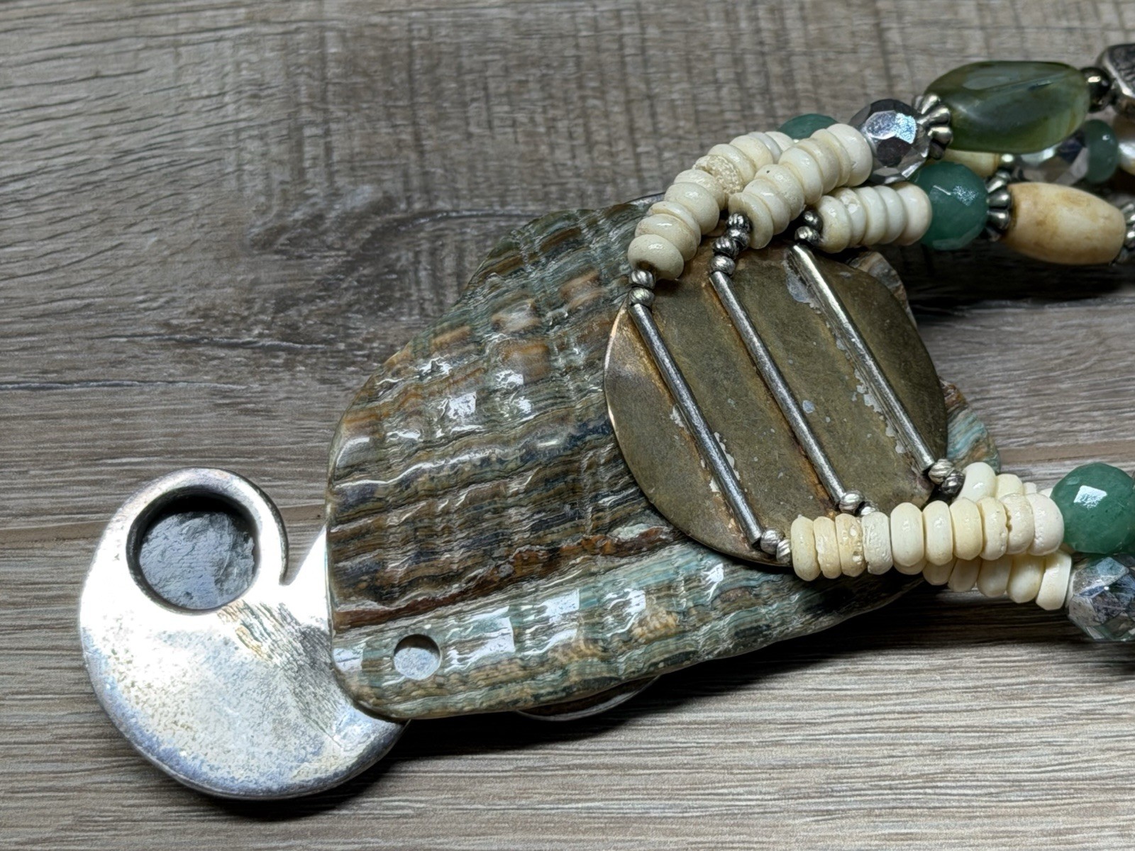 Unmarked Sterling Silver Sajen Carved Goddess Abalone & Gemstone Bead Necklace