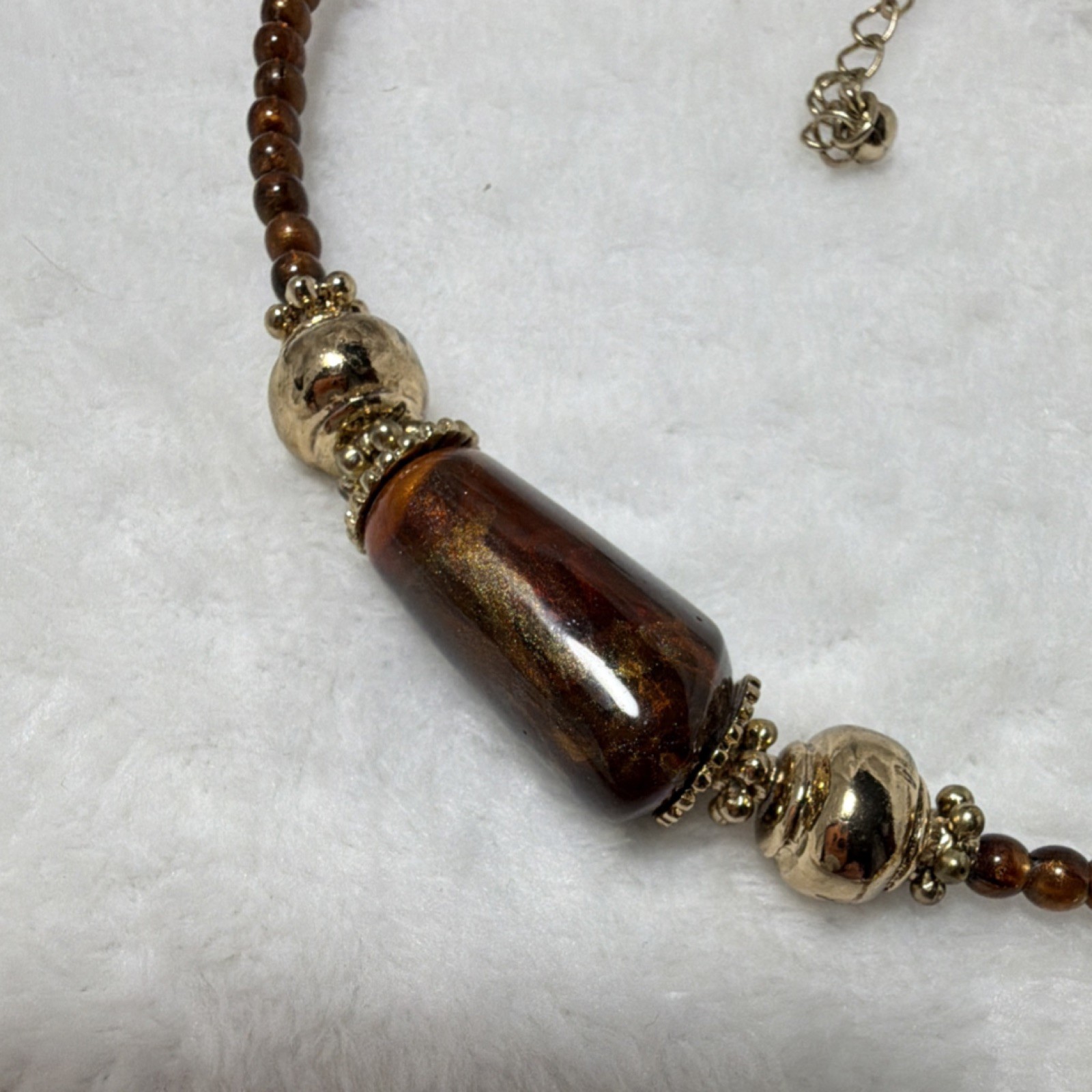 Handcrafted Beaded Statement Necklace Brown Gold Round Pendant Metal Resin