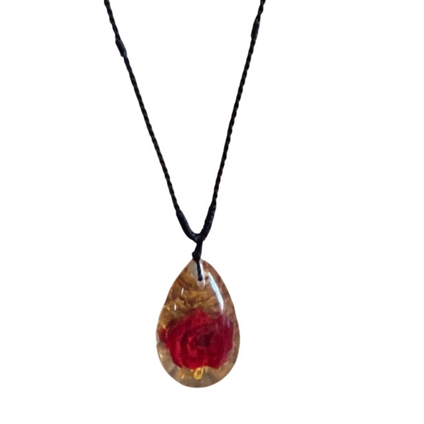 Handmade Resin Red Rose Pressed Flower Teardrop Pendant Boho Romantic Unique