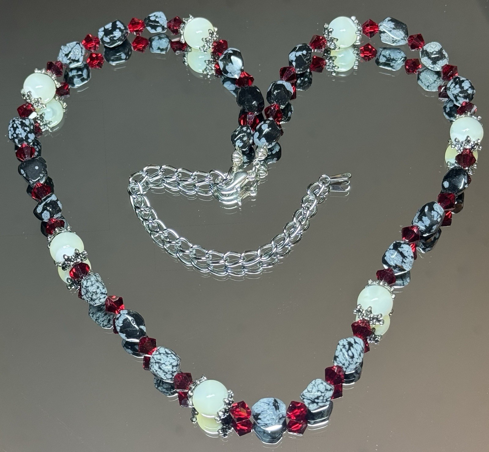 Snowflake Obsidian, Mother Of Pearl, Red Crystal Necklace 19” W/5” Extender