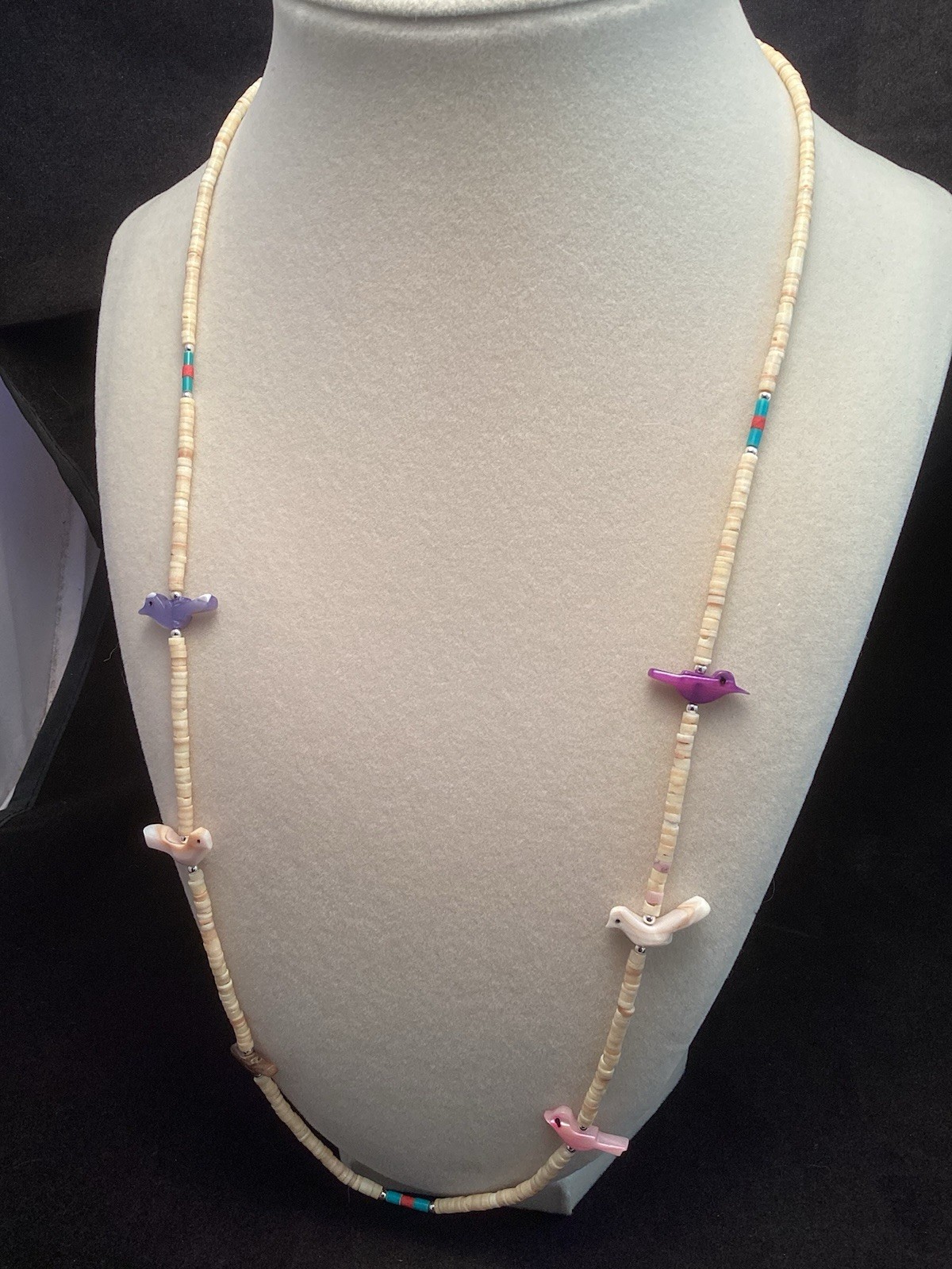 Handmade Fetish Mother Of Pearl Birds Heishi Beaded Southwestern Necklace 24”