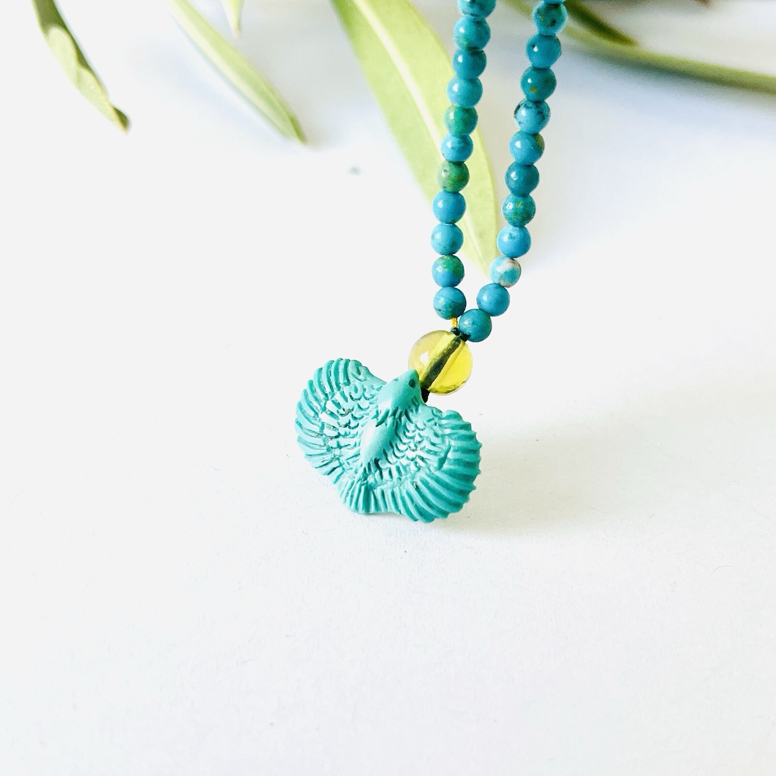 Natural Gemstone Turquoise Beads Carving Eagle Necklace Valuable Unique Jewelry