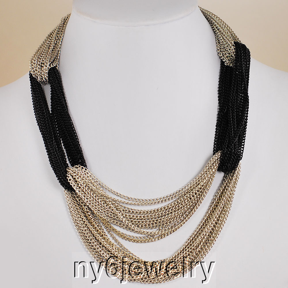 Women Jewelry Silver & Black Multi Chain Necklace Silver Clasp + Earrings!18-20″