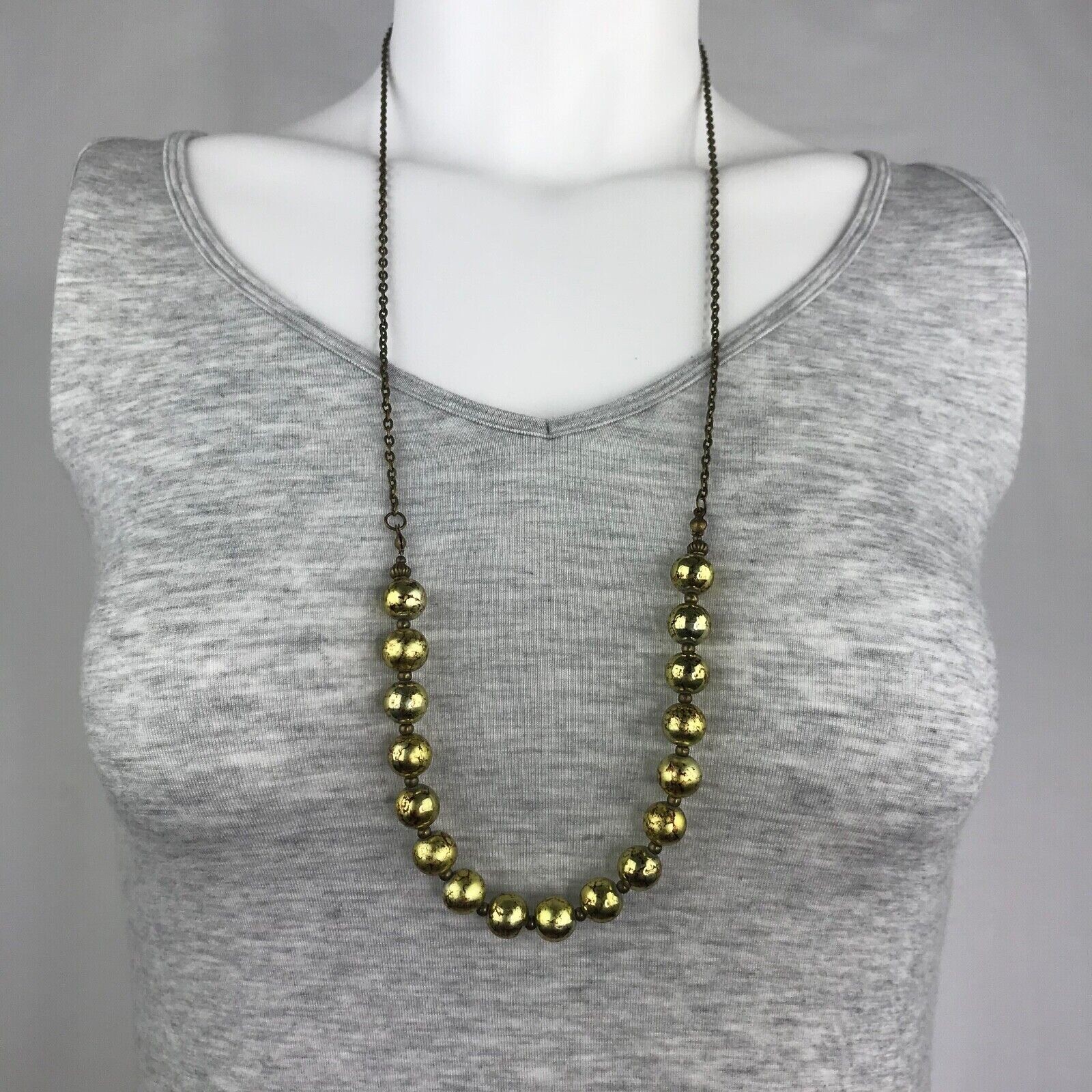 Handmade Bronze Tone Chain Necklace with Metallic Gold Coated Round Glass Beads