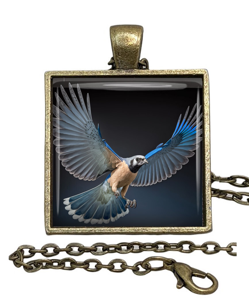 Blue Jay Bird in Flight Glass Top Pendant Necklace Handcrafted Photo Jewelry