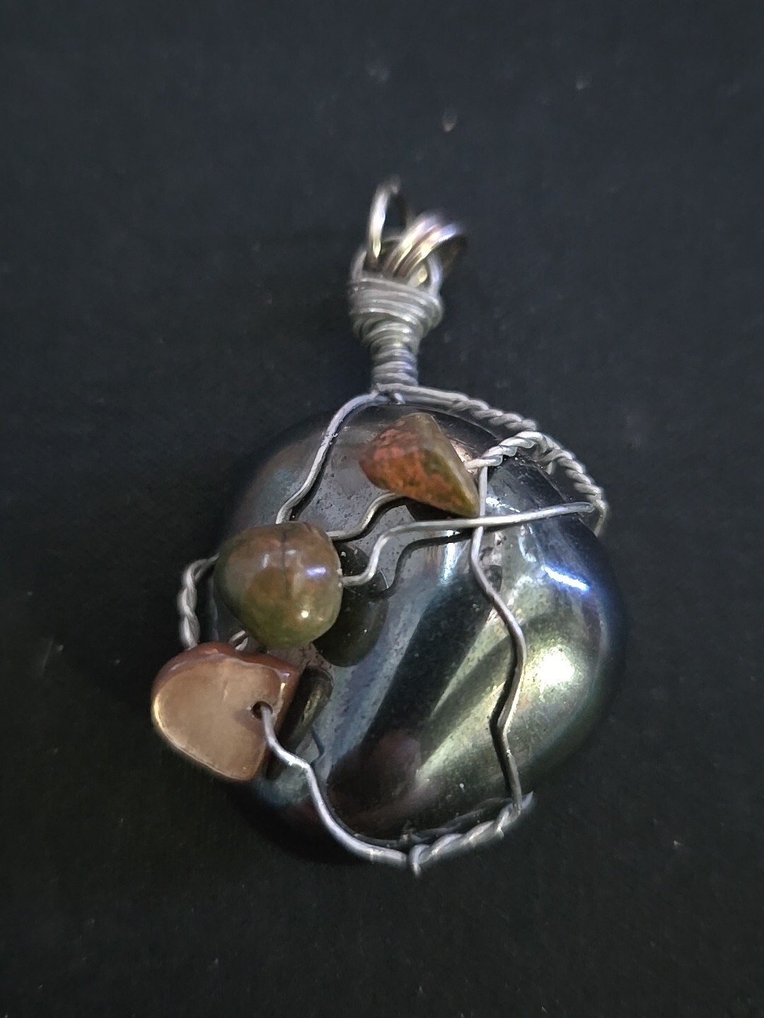 Wire Wrapped Smooth Polished Hematite Necklace Pendant W/ Other Polished Stones