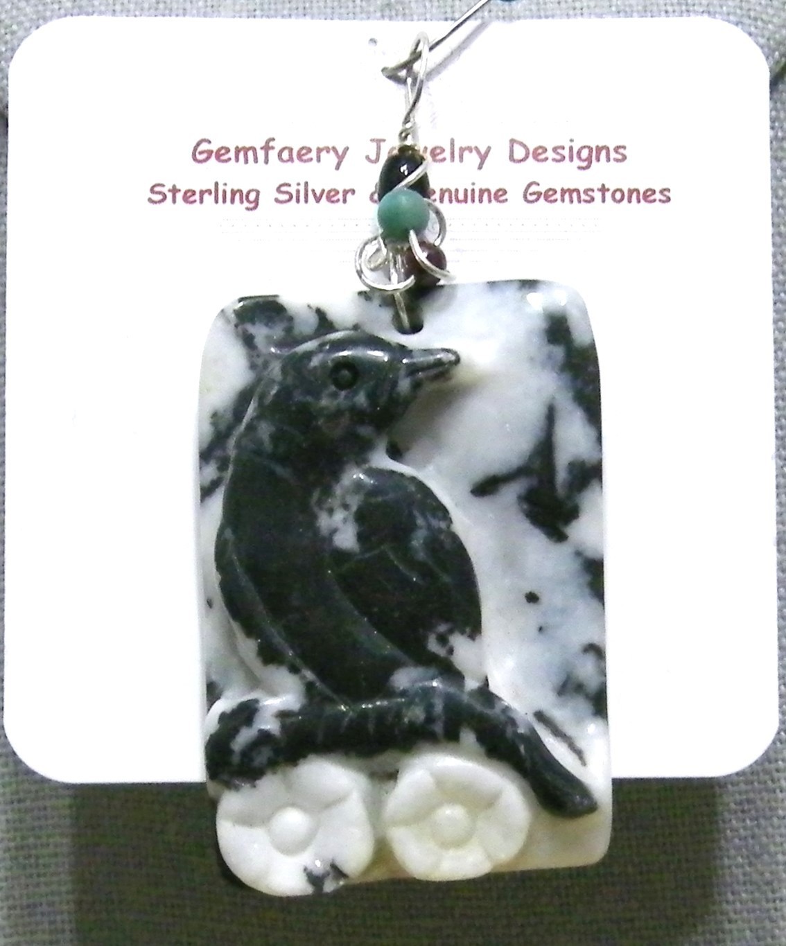 Sterling Silver Wire-Wrapped ZEBRA JASPER Crow Pendant…Handmade USA