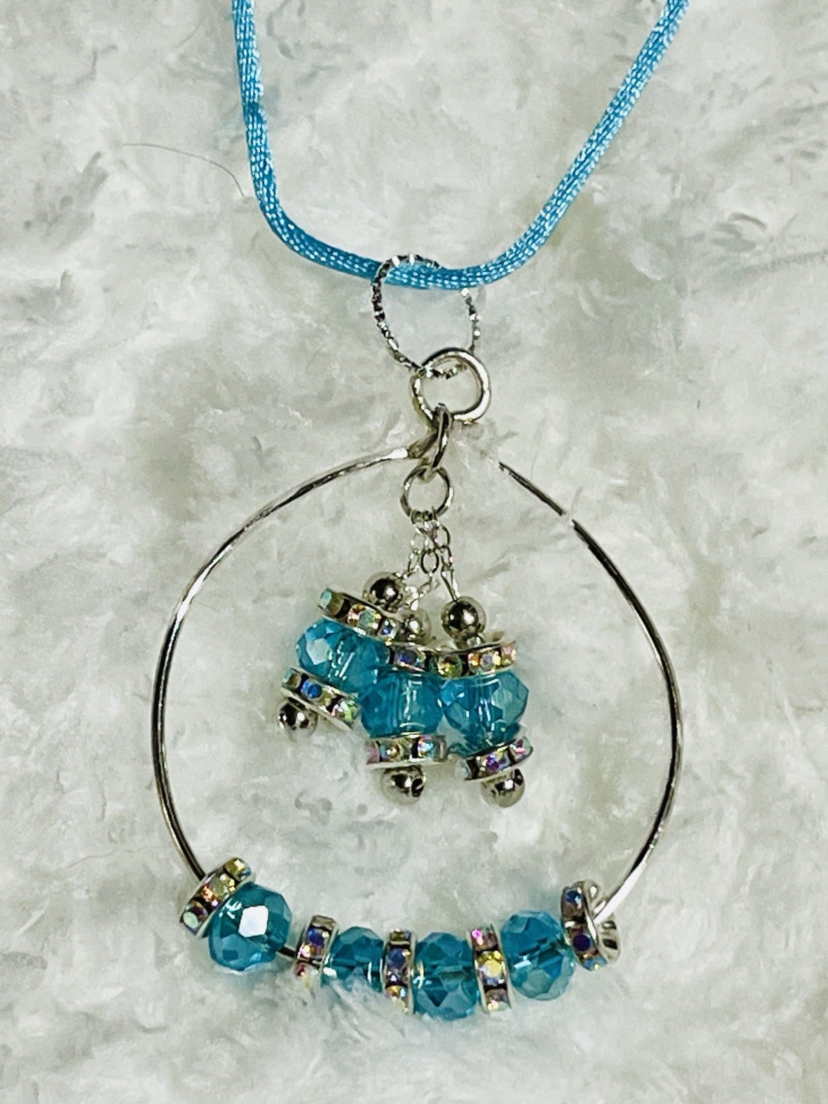 Turquoise Glass Beads W/AB Clear Rhinestone Spacers On Silver Hoop & 28” Cord