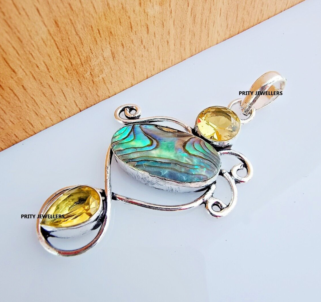 Beautiful Abalone With Lemon Quartz Silver Plated Handmade 2.75″ Inch Pendant