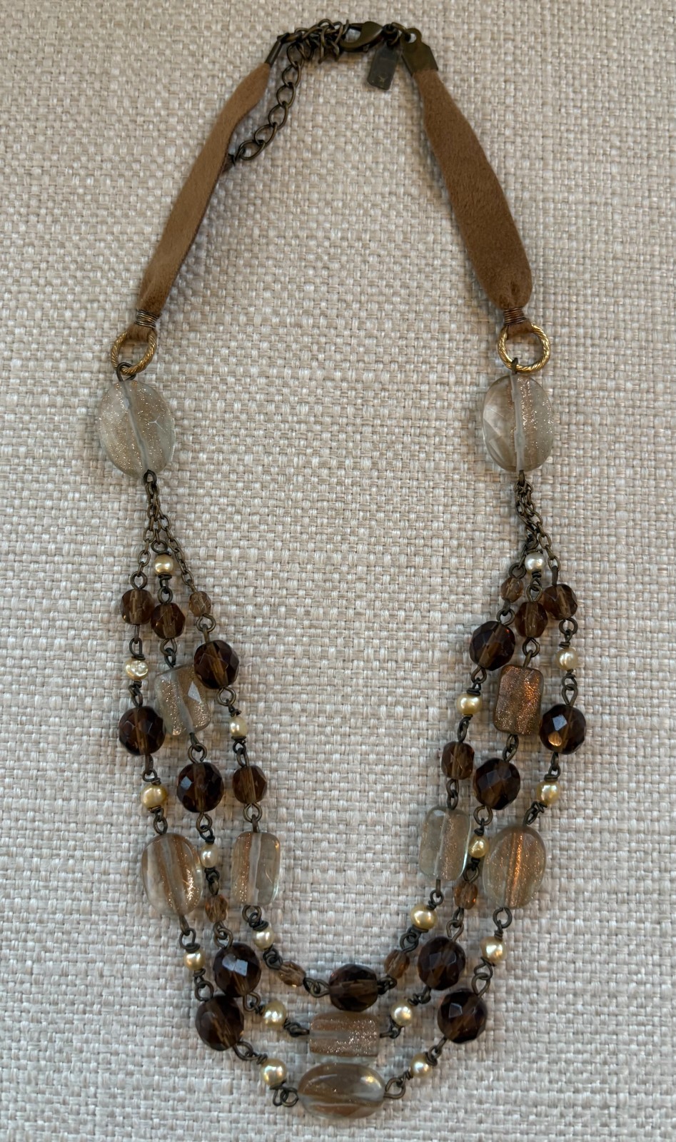 J. JILL Mixed Rutiliated Smoky Quartz Pearl Antique Triple Strand Necklace NWOT