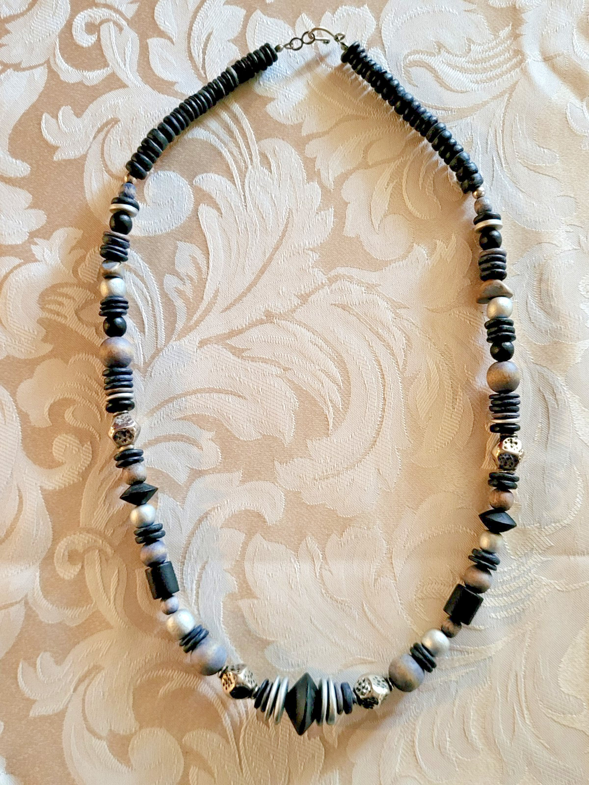 1980s Handmade Grey and Black Wood and Silver-Tone Heishi Bead Necklace