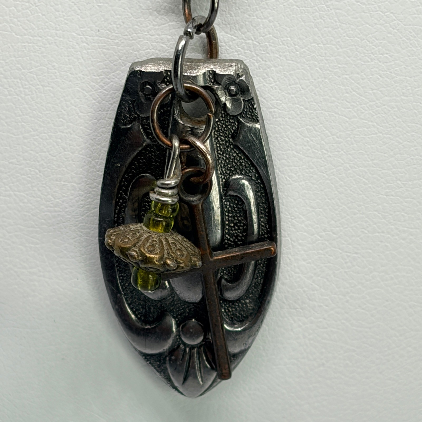 Vintage Art Nouveau Spoon Pendant Necklace Cross Charm 20″ Boho Artisan