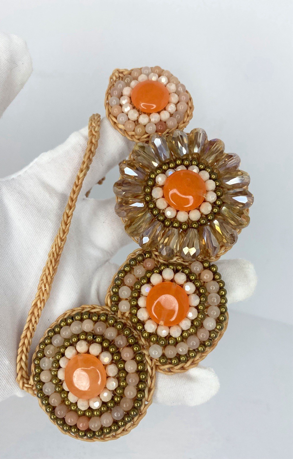 Bohemian Floral Orange Beaded Statement Necklace Bib Choker, Medallion Collar