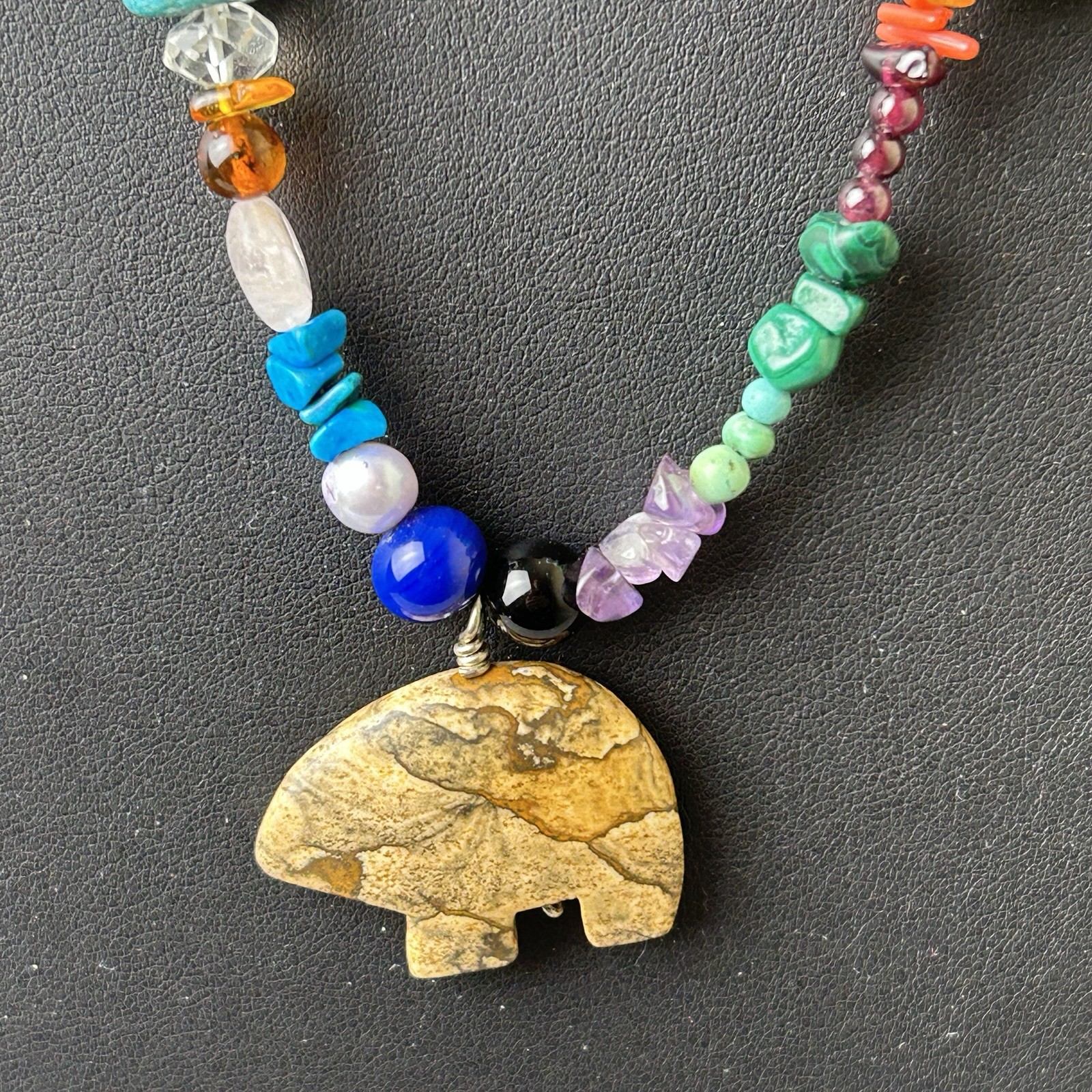 Jasper Bear Fetish Pendant Necklace Sterling Silver Clasp Gemstone Glass Beads