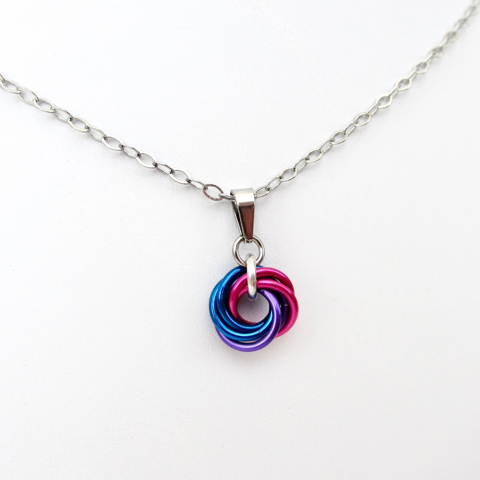 Tiny bisexual pride pendant, handmade chainmail LGBTQ jewelry