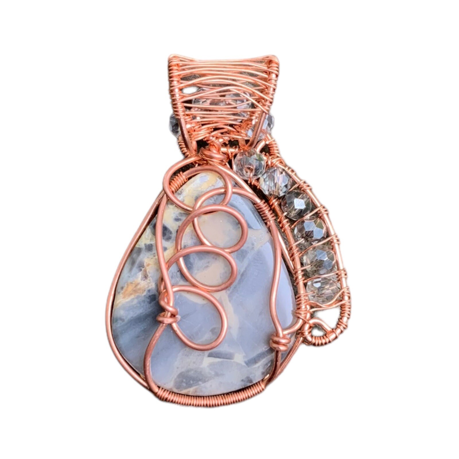 Picasso Jasper Copper Wire Wrap Pendant with Clear & Smoky Quartz Jewelry