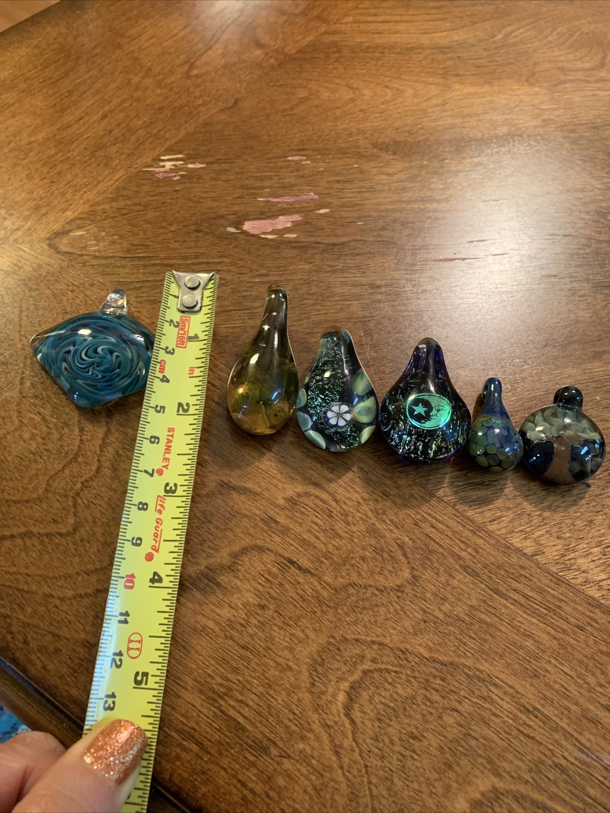 Lot 6 Hand Made Glass Pendant one-of-a-kind unique Teardrop Round /Clinique Bag
