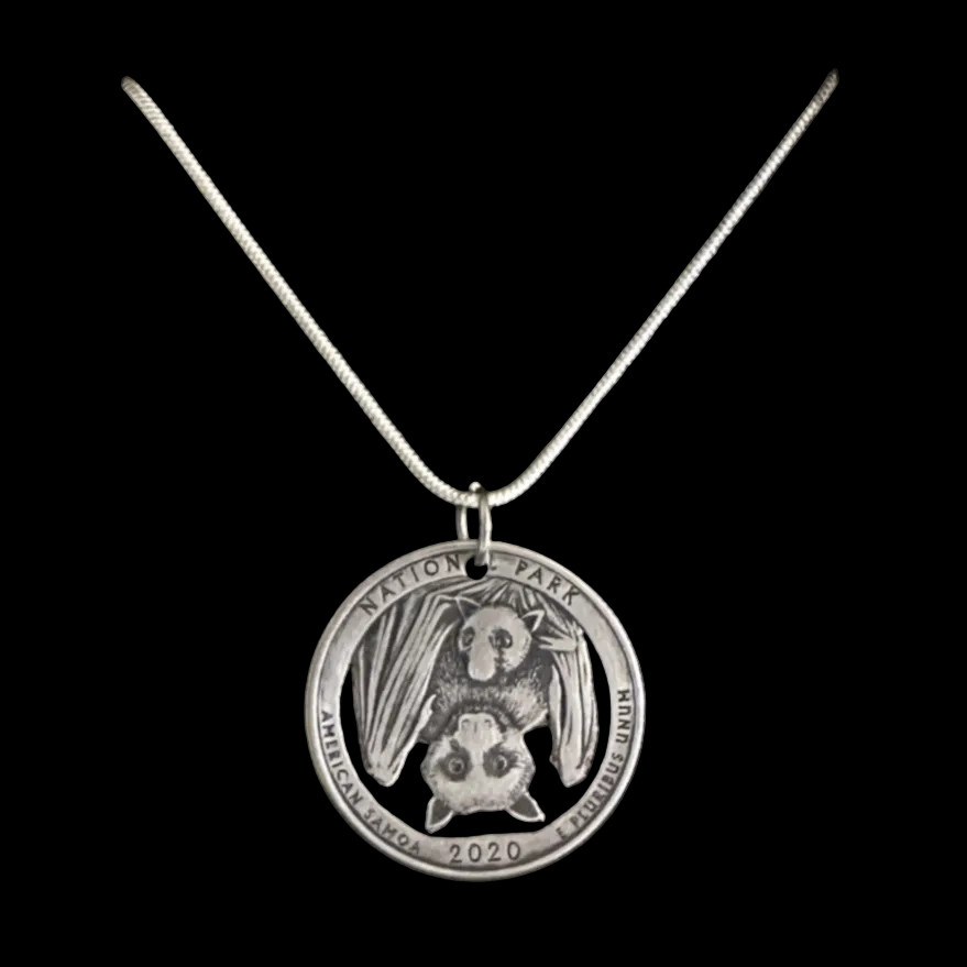 U.S. American Samoa NP “Bats” 2020 Quarter Hand Cut Coin Necklace 18″ NEW