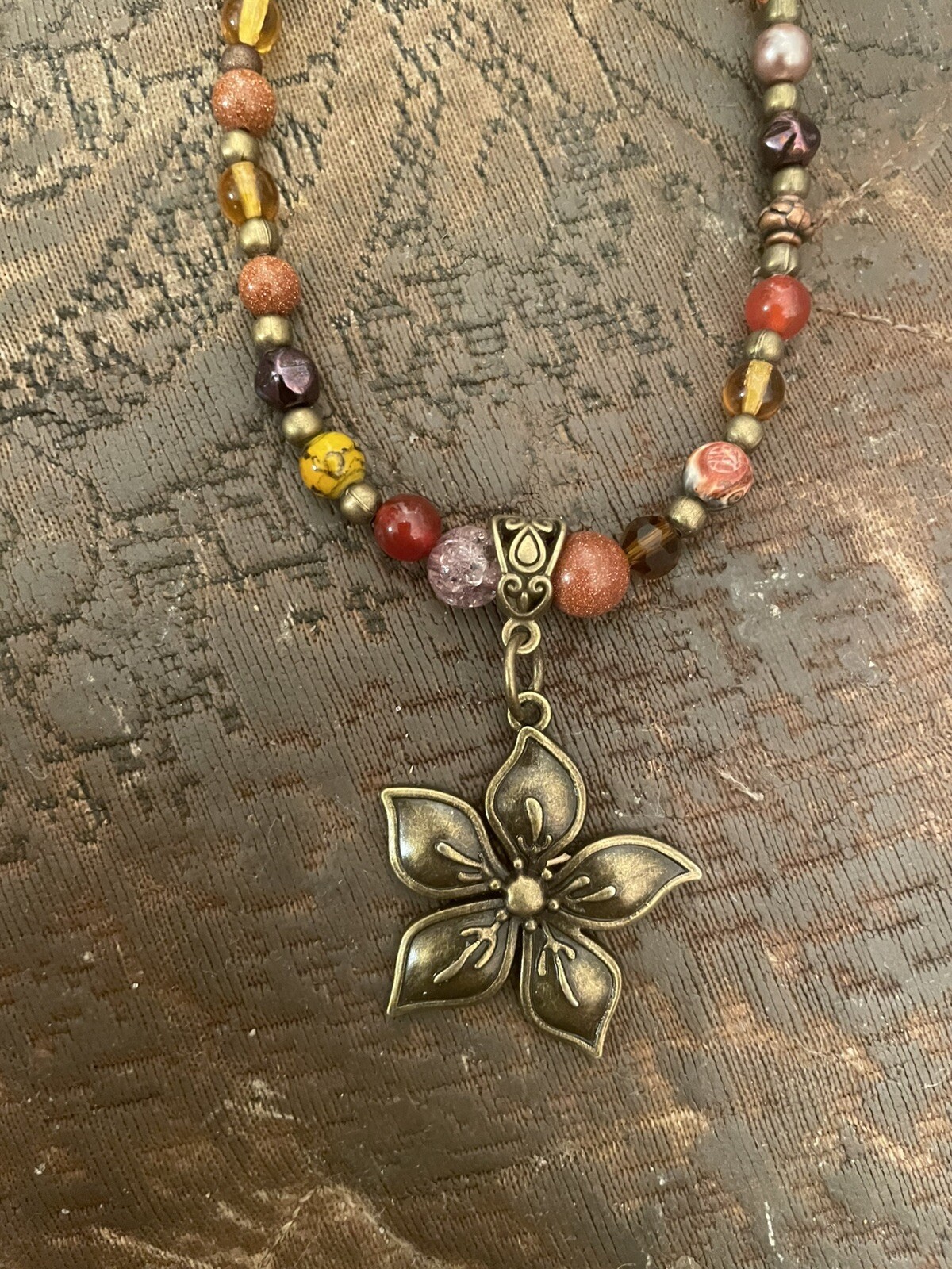 Retro Mod Brass Flower Filigree Pendant Agate Topaz Crystal Jasper Bead Necklace