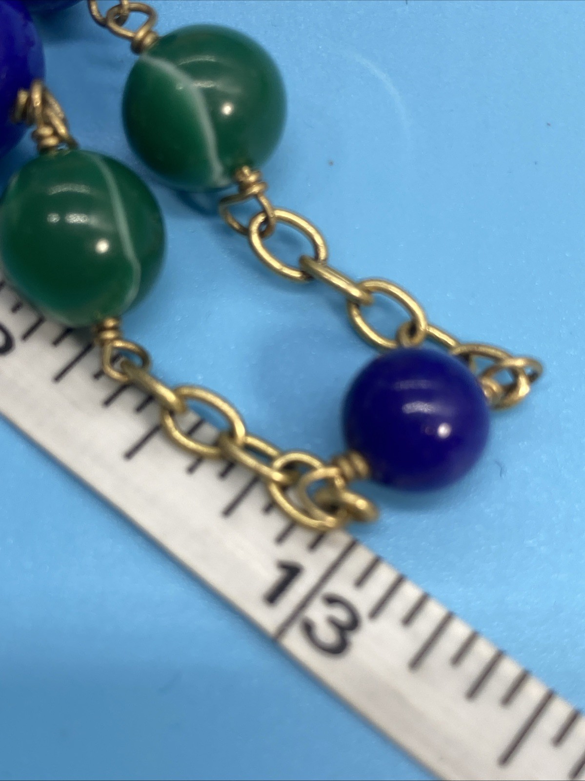 Green Dyed Agate & Cats Eye Blue Glass Beaded Necklace 26” Long Gold-Tone Chain