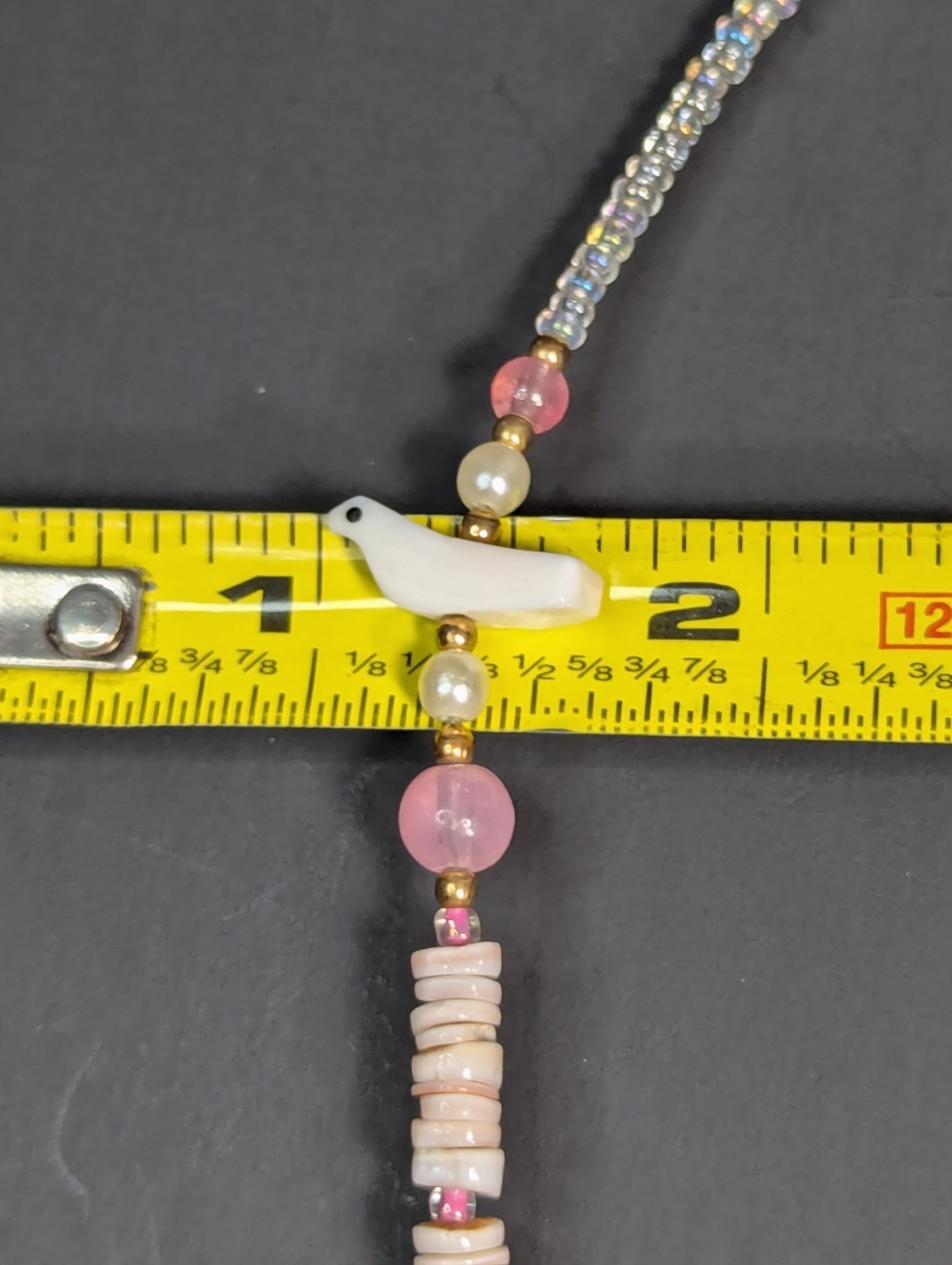 Vintage Puka Shell Choker Necklace 13.75″ Hand Carved Birds Pink