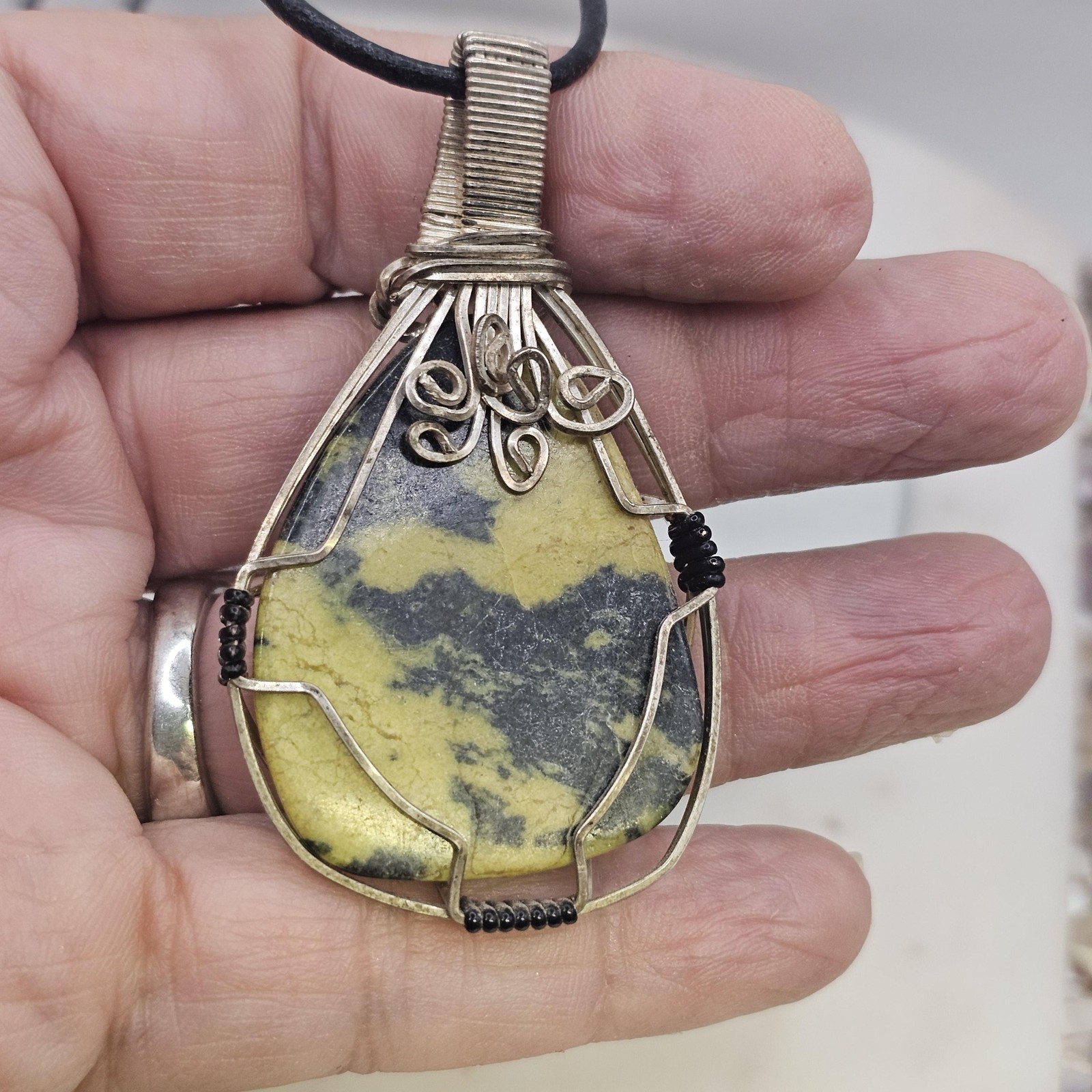 Handmade Yellow Serpentine Pendant Necklace Wire Wrapped Teardrop Leather Cord