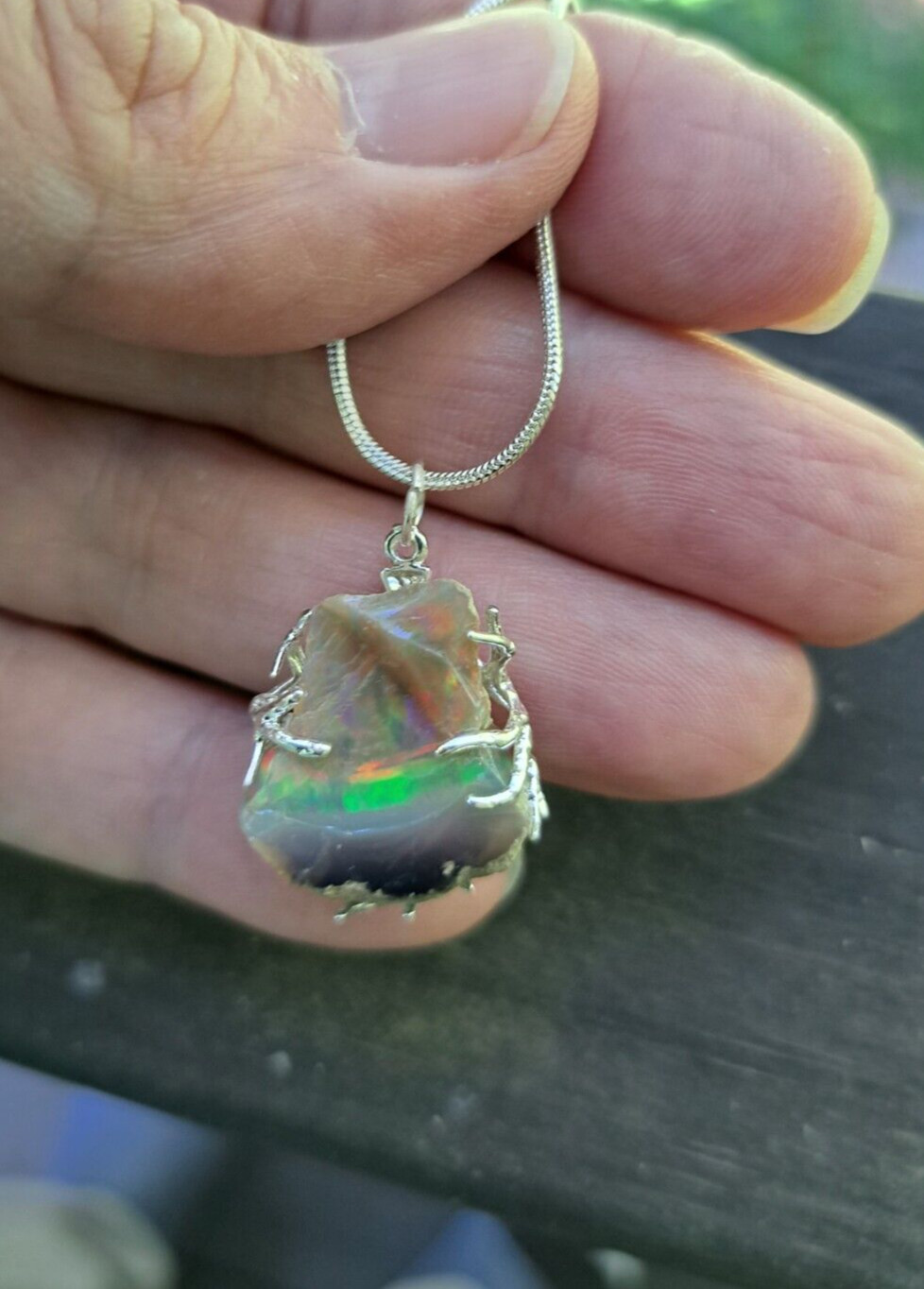 Unique Dark Ethiopian Welo Opal Rough Pendant Silver Plated Tree Branch Wrap
