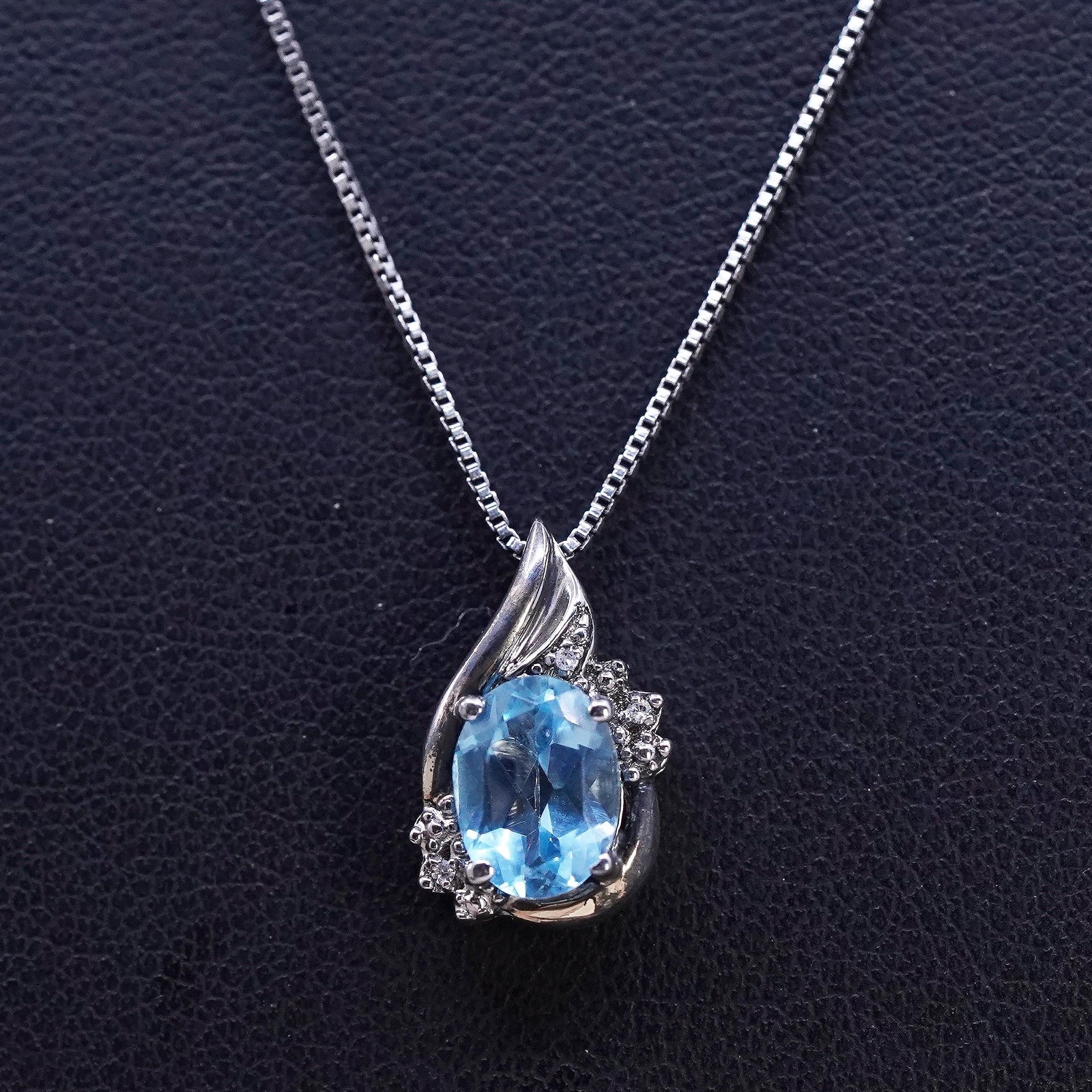 18″ RL Sterling silver necklace, 925 box chain topaz diamond 10K gold pendant